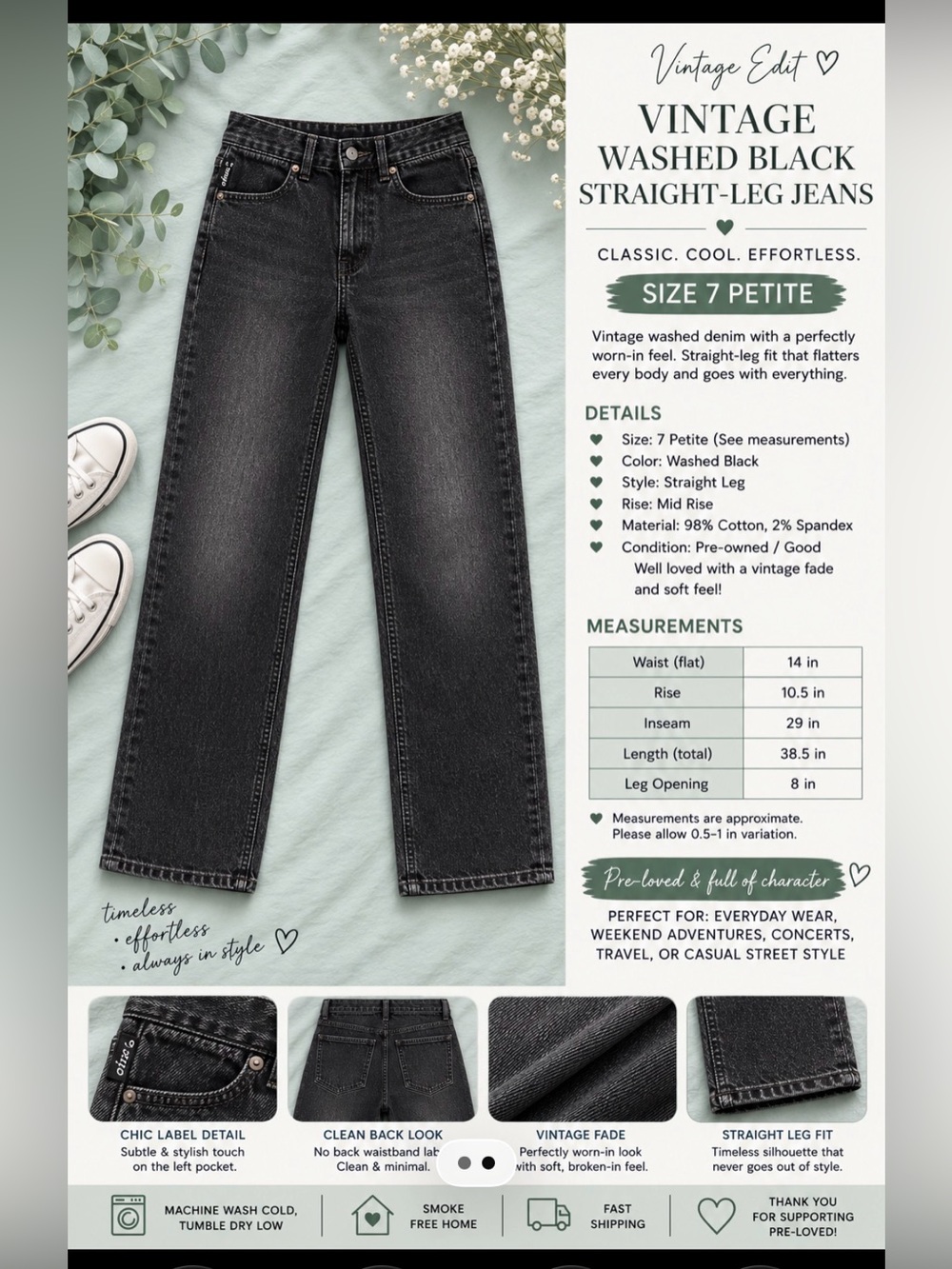 chic Washed Black Straight-Leg Jeans sz 7